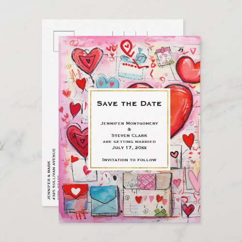 Whimsical Hearts and Love Letters Save the Date Invitation Postcard