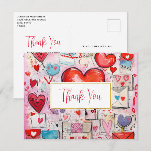 Whimsical Hearts and Love Letters Thank You Postcard