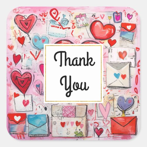 Whimsical Hearts and Love Letters Thank You Square Sticker