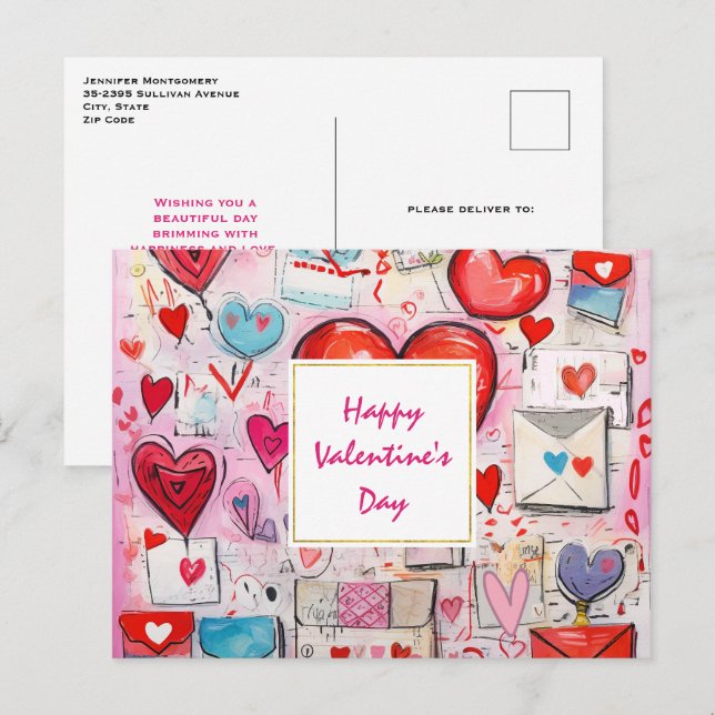 Whimsical Hearts and Love Letters Valentine's Day Holiday Postcard (Front/Back)