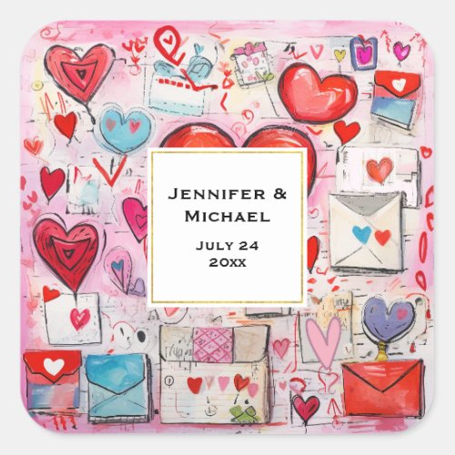 Whimsical Hearts and Love Letters Wedding Date Square Sticker