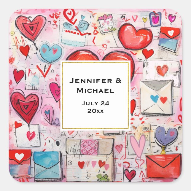 Whimsical Hearts and Love Letters Wedding Date Square Sticker (Front)