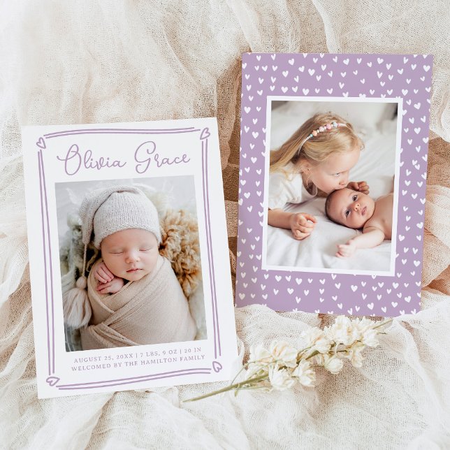 Whimsical Hearts Lavender Photo Birth Announcement (Creator Uploaded)