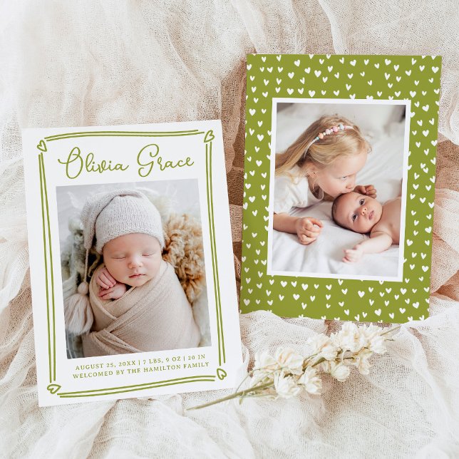 Whimsical Hearts Lime Green Photo Birth Announcement (Creator Uploaded)