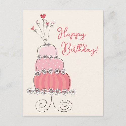 Whimsical Hearts Pink Birthday Cake Thank You Postcard