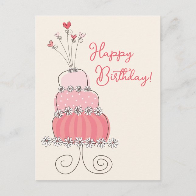 Whimsical Hearts Pink Birthday Cake Thank You Postcard (Front)
