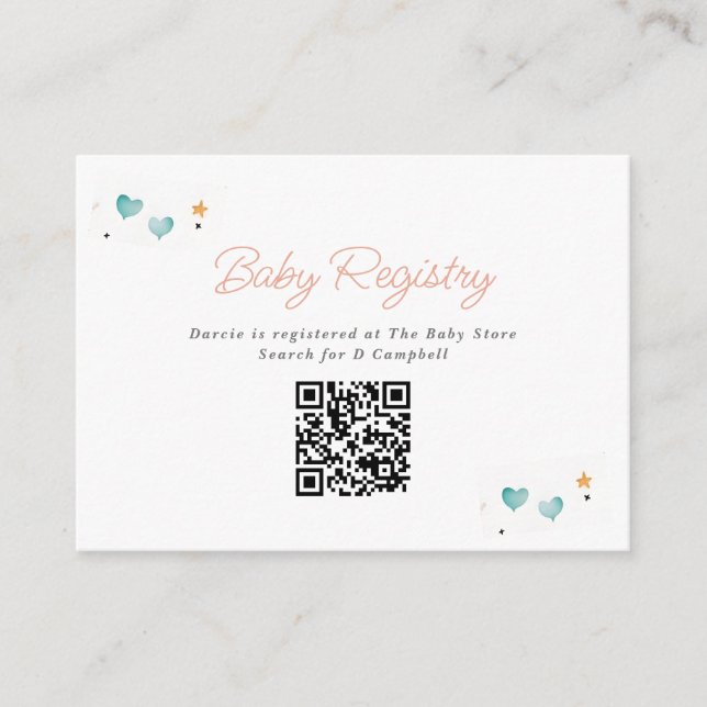 Whimsical Hearts & Stars Baby Registry QR Code Enclosure Card (Front)