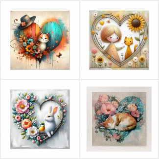 Whimsical Hearts with Pets, Cats, Dogs, Rabbits