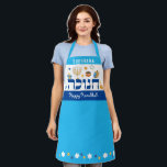 Whimsical Hebrew Hanukkah Menorah Dreidel Donut Apron<br><div class="desc">Whimsical colorful Chanukah elements — Jelly Donuts, Dreidels, Wrapped Gifts, Gold Coins and Stars of David— surround the word CHANUKAH in Hebrew. Set a Happy Hanukkah tone with this Bold & Bright Hanukkah Apron. Sure to make someone smile . It is the perfect way wish friends and family a Happy...</div>