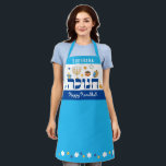 Whimsical Hebrew Hanukkah Menorah Dreidel Donut Apron<br><div class="desc">Whimsical colorful Chanukah elements — Jelly Donuts, Dreidels, Wrapped Gifts, Gold Coins and Stars of David— surround the word CHANUKAH in Hebrew. Set a Happy Hanukkah tone with this Bold & Bright Hanukkah Apron. Sure to make someone smile . It is the perfect way wish friends and family a Happy...</div>