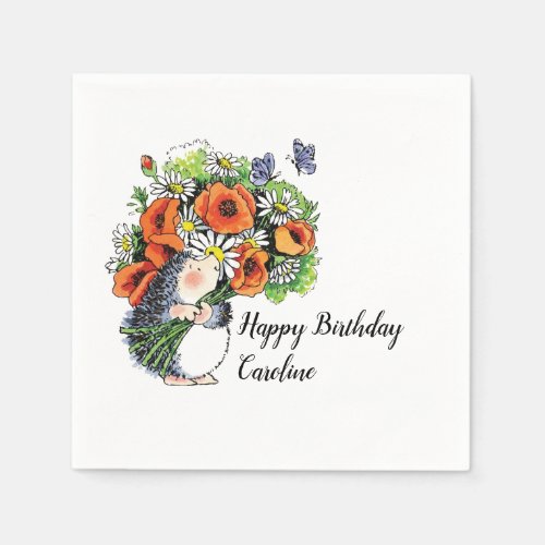 Whimsical Hedgehog and Poppies Birthday   Napkins