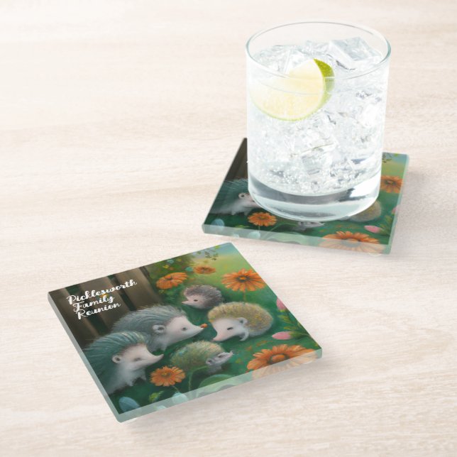 Whimsical Hedgehog Family Picnicking in the Garden Glass Coaster (Angled)