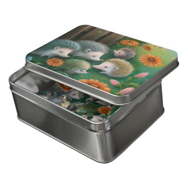 Whimsical Hedgehog Family Picnicking in the Garden Jigsaw Puzzle (Lid Open)