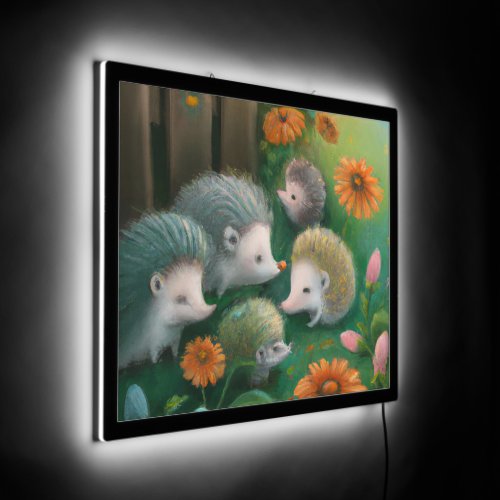 Whimsical Hedgehog Family Picnicking in the Garden LED Sign