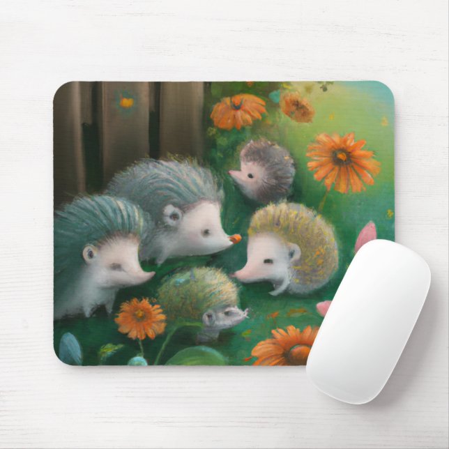 Whimsical Hedgehog Family Picnicking in the Garden Mouse Pad (With Mouse)