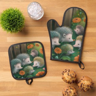 Whimsical Hedgehog Family Picnicking in the Garden Mitt & Potholder Set