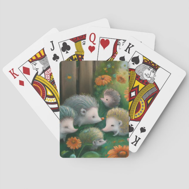 Whimsical Hedgehog Family Picnicking in the Garden Poker Cards (Back)