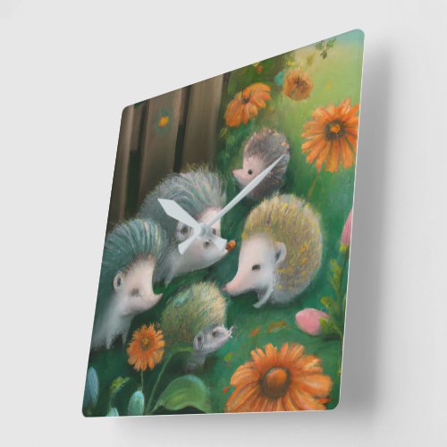 Whimsical Hedgehog Family Picnicking in the Garden Square Wall Clock