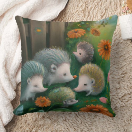 Whimsical Hedgehog Family Picnicking in the Garden Throw Pillow