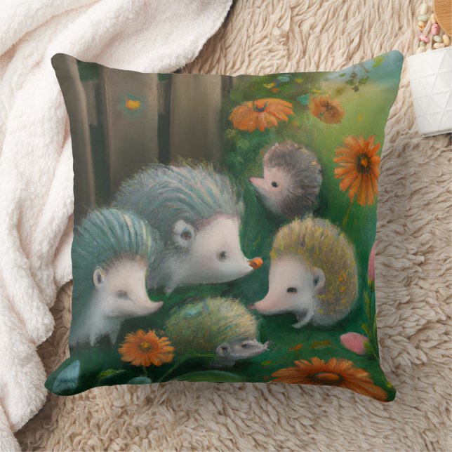 Whimsical Hedgehog Family Picnicking in the Garden Throw Pillow (Blanket)