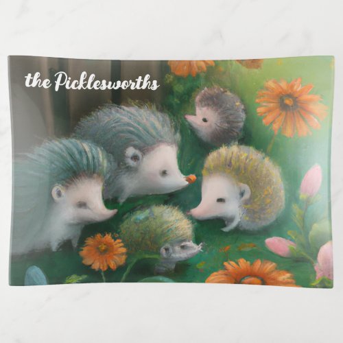 Whimsical Hedgehog Family Picnicking in the Garden Trinket Tray