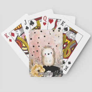 Whimsical Hedgehog Floral Watercolor Art Poker Cards