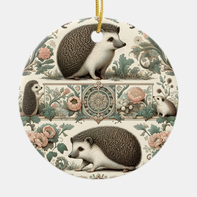Whimsical Hedgehog Haven: Victorian Floral  Ceramic Ornament (Front)