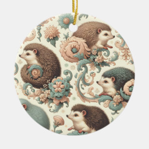 Whimsical Hedgehog Haven: Victorian Floral  Ceramic Ornament