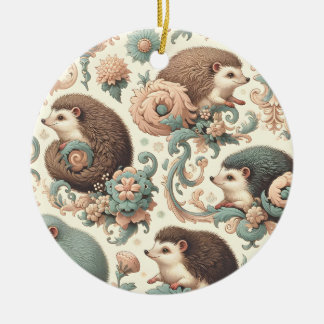 Whimsical Hedgehog Haven: Victorian Floral  Ceramic Ornament