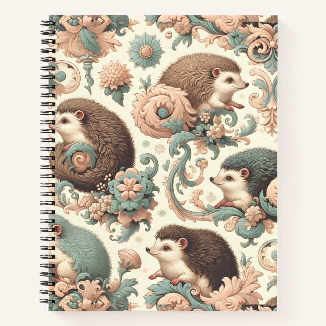 Whimsical Hedgehog Haven: Victorian Floral  Notebook (Front)