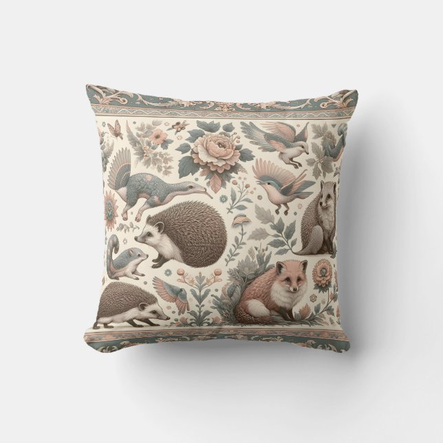 Whimsical Hedgehog Haven: Victorian Floral  Throw Pillow (Front)