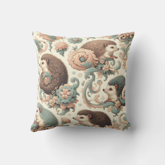 Whimsical Hedgehog Haven: Victorian Floral Throw Pillow