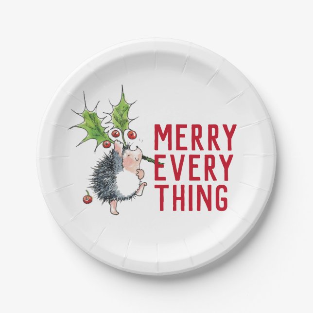 Whimsical Hedgehog Merry Everything Christmas  Paper Plates (Front)