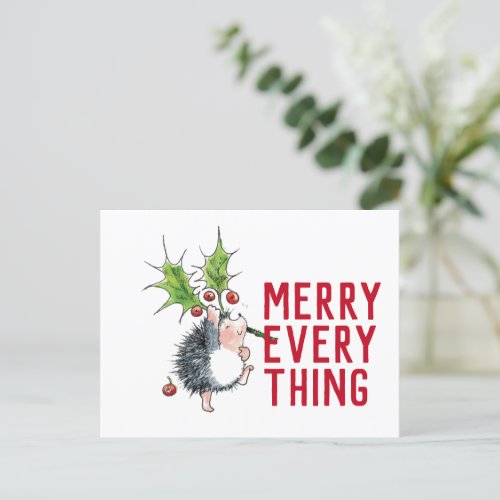 Whimsical Hedgehog Merry Everything Christmas Postcard