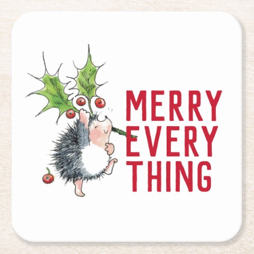 Whimsical Hedgehog Merry Everything Christmas  Square Paper Coaster