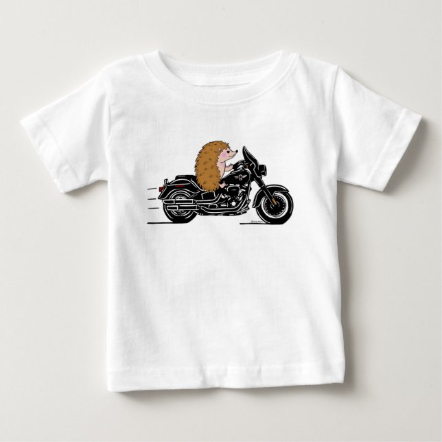 Whimsical hedgehog riding a motorcycle baby T-Shirt (Front)