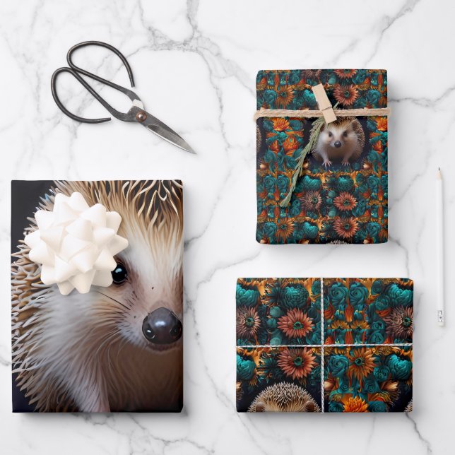 Whimsical Hedgehog Wrapping Paper Sheets (Front)