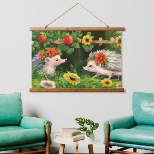 Whimsical Hedgehogs in an English Country Garden Hanging Tapestry