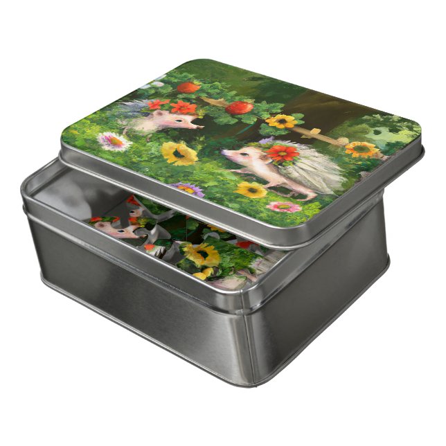 Whimsical Hedgehogs in an English Country Garden Jigsaw Puzzle (Lid Open)