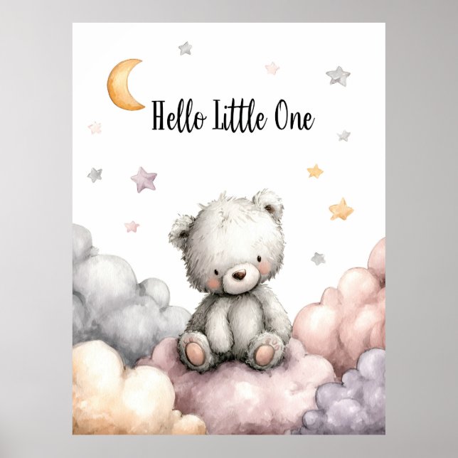Whimsical "Hello Little One" Teddy Bear Poster (Front)