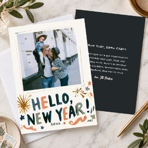 Whimsical Hello New Year Family Photo Greeting Holiday Card