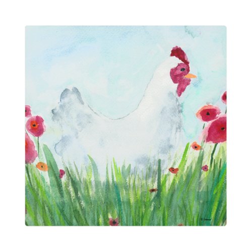Whimsical Hen and Red Poppies Watercolor Metal Print