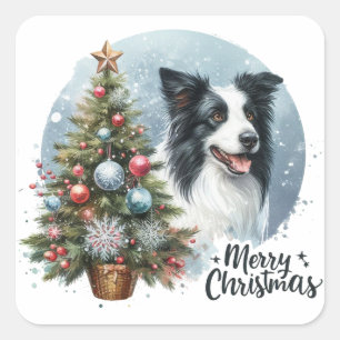 Whimsical Herding Border Collie Dog Merry Xmas Square Sticker