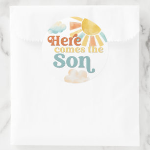 Whimsical Here Comes the Son Baby Shower Classic Round Sticker