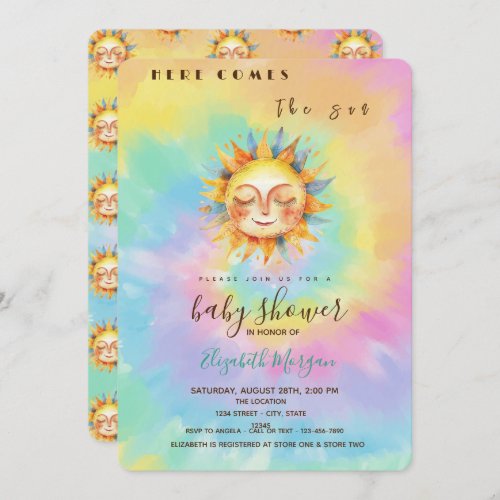 Whimsical Here Comes The Sun Tie Dye Baby Shower   Invitation