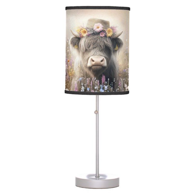 Whimsical Highland Calf Field Flowers  Table Lamp (Front)