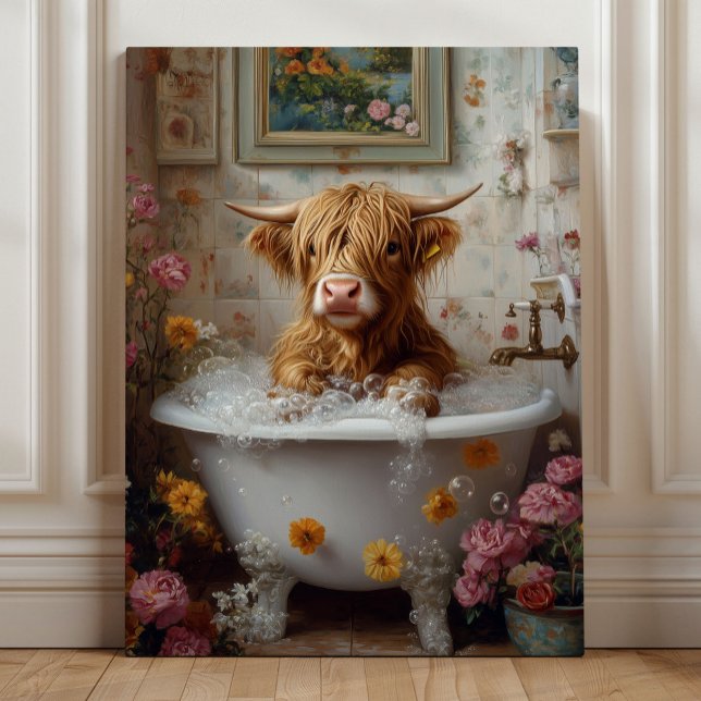 Whimsical Highland Cow Bubble Bath Canvas Print (Highland Cow Bubble Bath – Whimsical Farmhouse Bathroom Art by Nicole Cossairt)