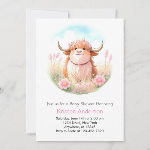 Whimsical Highland Cow Editable Girl Baby Shower Invitation