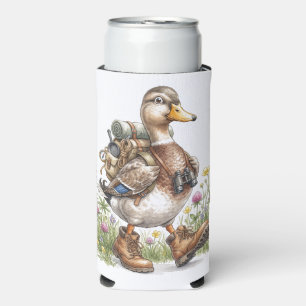Whimsical Hiking Duck Illustration with Backpack Seltzer Can Cooler