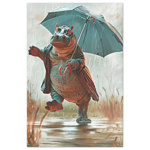 Whimsical Hippo Dancing in Rain Decoupage  Tissue Paper
